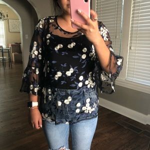 Sheer mesh floral embroidered shirt